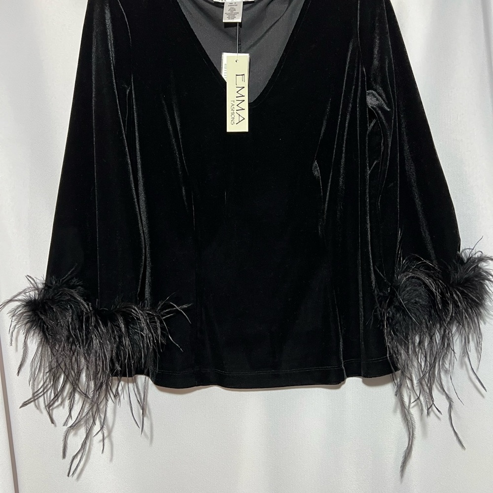 Emma Fashions Stretched Velvet Black Top with Feathered Sleeves Medium